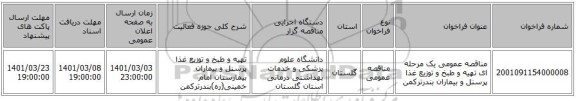 مناقصه عمومی یک مرحله ای تهیه و طبخ و توزیع غذا پرسنل و بیماران بندرترکمن