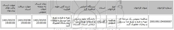 مناقصه عمومی یک مرحله ای تهیه و طبخ و توزیع غذا پرسنل و بیماران مطهری گنبد