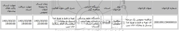 مناقصه عمومی یک مرحله ای تهیه و طبخ و توزیع غذا پرسنل و بیماران خان ببین