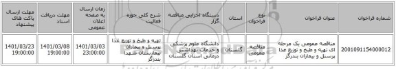 مناقصه عمومی یک مرحله ای تهیه و طبخ و توزیع غذا پرسنل و بیماران بندرگز