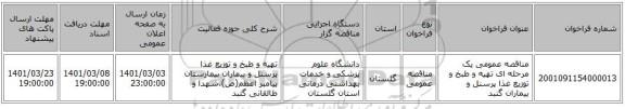 مناقصه عمومی یک مرحله ای تهیه و طبخ و توزیع غذا پرسنل و بیماران گنبد