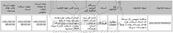 مناقصه عمومی یک مرحله ای اجرای آسفالت طرح هادی روستای روتان از توابع شهرستان سیریک