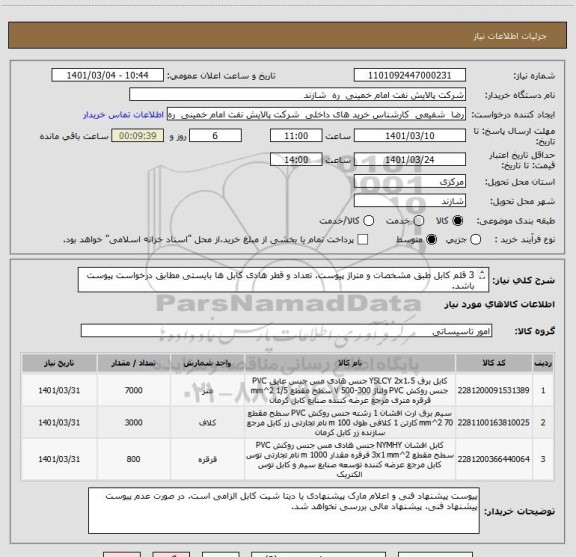 استعلام 3 قلم کابل طبق مشخصات و متراژ پیوست. تعداد و قطر هادی کابل ها بایستی مطابق درخواست پیوست باشد.
مقدار مورد نیاز به متر می باشد.