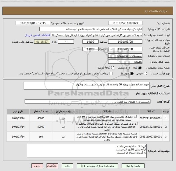 استعلام خرید مصالح جهت پروژه 50 واحدی فاز دو رمین شهرستان چابهار