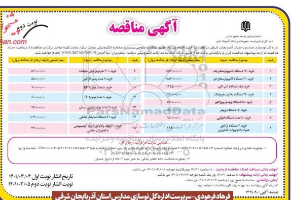 مناقصه خرید 170 دستگاه کامپیوتر سطح یک....- نوبت دوم