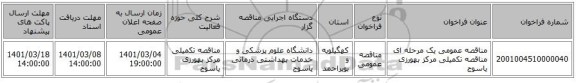 مناقصه عمومی یک مرحله ای مناقصه تکمیلی مرکز بهورزی یاسوج