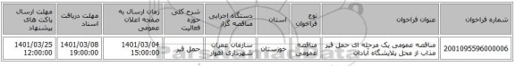 مناقصه عمومی یک مرحله ای حمل قیر مذاب از محل پلایشگاه آبادان