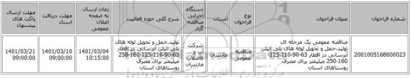 مناقصه عمومی یک مرحله ای تولید،حمل و تحویل لوله های پلی اتیلن آبرسانی در اقطار 63-90-110-125-160-250 میلیمتر برای مصرف روستاهای استان