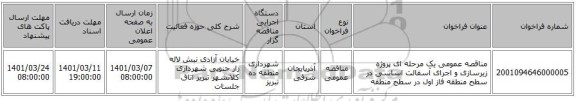 مناقصه عمومی یک مرحله ای پروژه زیرسازی و اجرای آسفالت اساسی در سطح منطقه فاز اول در سطح منطقه