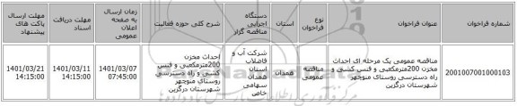 مناقصه عمومی یک مرحله ای احداث مخزن 200مترمکعبی و فنس کشی و راه دسترسی روستای منوچهر شهرستان درگزین