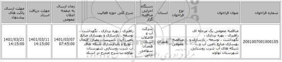 مناقصه عمومی یک مرحله ای راهبری ، بهره برداری ، نگهداشت ، توسعه ، بازسازی و بهسازی منابع تامین آب و... شبکه های آب شرب روستایی شهرستان نهاوند