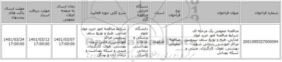 مناقصه عمومی یک مرحله ای شرایط مناقصه امور خرید مواد غذایی، طبخ و توزیع سلف سرویس مراکز آموزشی_درمانی  شهید بهشتی، نقوی، کارگرنژاد، متینی و شبکه بهداش