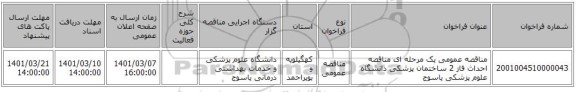 مناقصه عمومی یک مرحله ای مناقصه احداث فاز 2 ساختمان پزشکی دانشگاه علوم پزشکی یاسوج