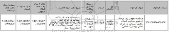 مناقصه عمومی یک مرحله ای تهیه مصالح و اجرای روکش آسفالت در خیابان اصلی بوالش(ساحلی)