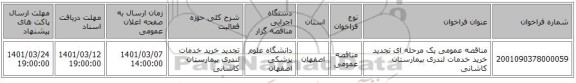 مناقصه عمومی یک مرحله ای تجدید خرید خدمات لندری بیمارستان کاشانی