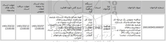 مناقصه عمومی یک مرحله ای تهیه مصالح واجرای بازسازی وترمیم نوارحفاری درمعابرروستاهای میرآبادکناردشت،بمبویان و... شهرستان ریگان (24 روستا)اعتبارات ذیحسا