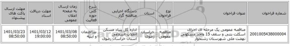 مناقصه عمومی یک مرحله ای اجرای اسکلت بتنی و سقف 15 واحد مسکونی نهضت ملی شهرستان رشتخوار