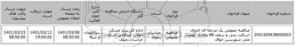 مناقصه عمومی یک مرحله ای اجرای اسکلت بتنی و سقف 68 واحدی نهضت ملی شهرستن خواف