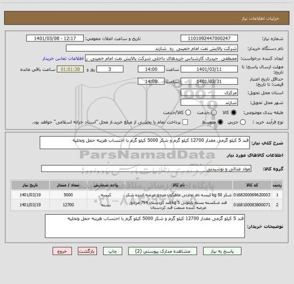 استعلام قند 5 کیلو گرمی مقدار 12700 کیلو گرم و شکر 5000 کیلو گرم با احتساب هزینه حمل وتخلیه