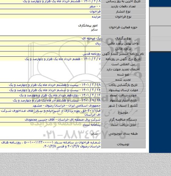 ی/۴۰۱/۱-حق بهره برداری از آشپزخانه و سالن های غذاخوری شرکت برق منطقه ای خراسان