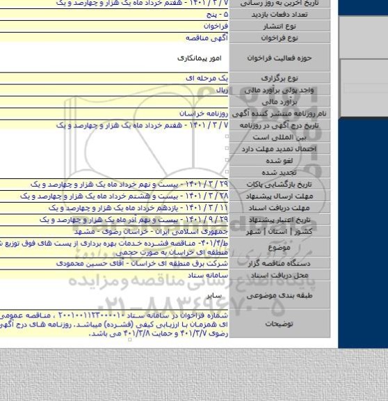 ط/۴۰۱/۴- مناقصه فشرده خدمات بهره برداری از پست های فوق توزیع شرکت برق منطقه ای خراسان به صورت حجمی