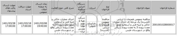 مناقصه عمومی همزمان با ارزیابی (فشرده) یک مرحله ای اجرای عملیات خاکی و ابنیه فنی و آسفالت محور معدن پروده 3 به معدن پروده شرقی واقع در شهرستان طبس