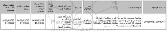 مناقصه عمومی یک مرحله ای در مناقصه واگذاری امور حمل و نقل و ماموریت های درون و بیرون شهری کارکنان و پرسنل معاونت بهداشتی دانشگاه و مرکز بهداشت شهرستان