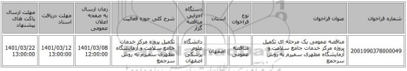 مناقصه عمومی یک مرحله ای تکمیل پروژه مرکز خدمات جامع سلامت و آزمایشگاه مطهری سمیرم به روش سرجمع