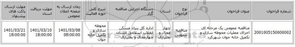 مناقصه عمومی یک مرحله ای اجرای عملیات محوطه سازی و تکمیل خانه جوان شهرکرد