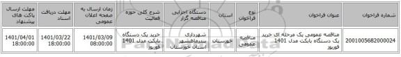 مناقصه عمومی یک مرحله ای خرید یک دستگاه بابکت مدل 1401 فوریوز