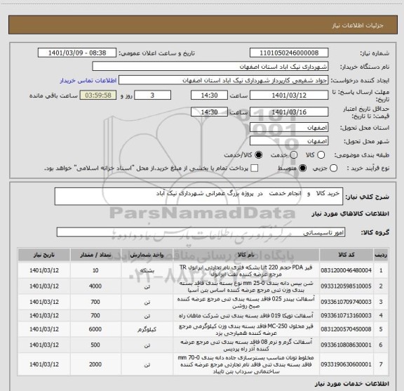 استعلام  خرید کالا   و   انجام خدمت   در  پروژه بزرگ عمرانی شهرداری نیک آباد