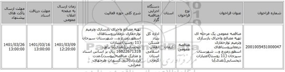 مناقصه، مناقصه عمومی یک مرحله ای تهیه مصالح واجرای بازسازی وترمیم نوارحفاری درمعابرروستاهای اسطور،زمزرج و... شهرستان سیرجان (11 روستا)اعتبارات ذیحسابی(نقدی)با