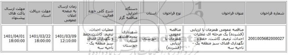 مناقصه، مناقصه عمومی همزمان با ارزیابی (فشرده) یک مرحله ای عملیات احداث، ترمیم، کاشت، حفظ و نگهداری فضای سبز منطقه یک - ناحیه سه