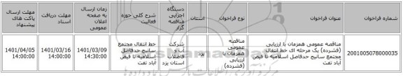 مناقصه، مناقصه عمومی همزمان با ارزیابی (فشرده) یک مرحله ای خط انتقال مجتمع سانیج حدفاصل اسلامیه تا فیض آباد تفت