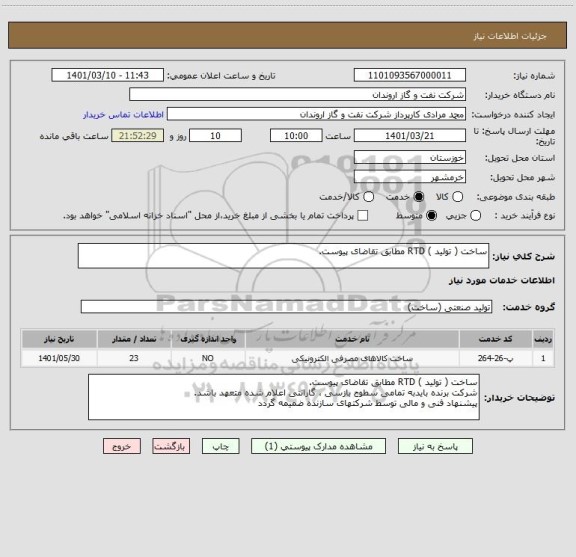 استعلام ساخت ( تولید ) RTD مطابق تقاضای پیوست.