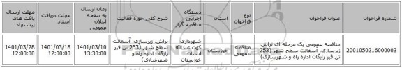 مناقصه، مناقصه عمومی یک مرحله ای تراش، زیرسازی، آسفالت سطح شهر (253 تن قیر رایگان اداره راه و شهرسازی)