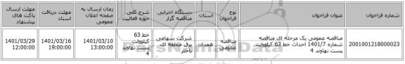 مناقصه، مناقصه عمومی یک مرحله ای مناقصه شماره 1401/7  احداث خط 63 کیلوولت پست نهاوند 4