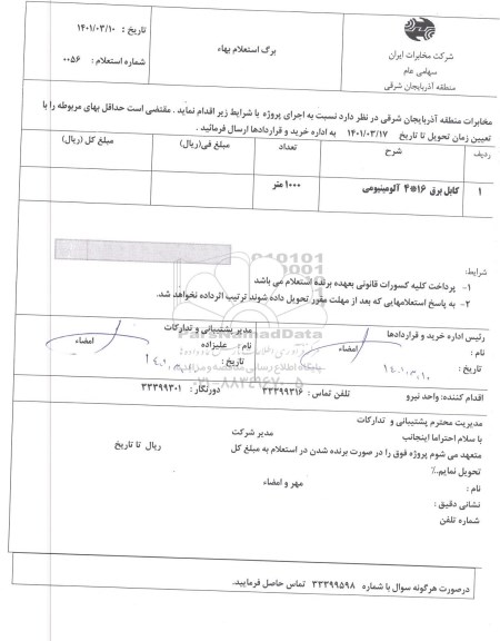 استعلام کابل برق 16*4 آلومینیومی 