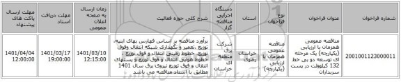 مناقصه، مناقصه عمومی همزمان با ارزیابی (یکپارچه) یک مرحله ای توسعه دو بی خط 132 کیلوولت در پست سربداران