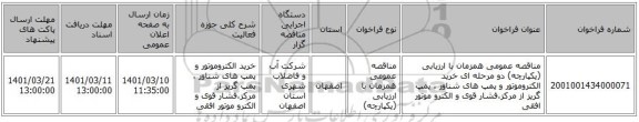 مناقصه، مناقصه عمومی همزمان با ارزیابی (یکپارچه) دو مرحله ای خرید الکتروموتور و پمپ های شناور ، پمپ گریز از مرکز،فشار قوی و الکترو موتور افقی