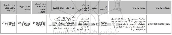 مناقصه، مناقصه عمومی یک مرحله ای تکمیل راه روستایی سرگدار- دامنه خاردان- کشکوئیه-زارچویه -باغ ابراهیم- بازگشایی راه باب نیل – دره بید و باب نم (تجدید)