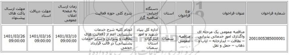 مناقصه، مناقصه عمومی یک مرحله ای واگذاری امور خدماتی  پذیرایی – نظافت – آبدارخانه – ایاب و ذهاب – حمل و نقل