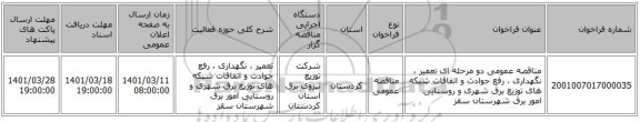 مناقصه، مناقصه عمومی دو مرحله ای تعمیر ، نگهداری ، رفع حوادث و اتفاقات شبکه های توزیع برق شهری و روستایی امور برق شهرستان سقز