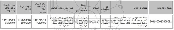 مناقصه، مناقصه عمومی دو مرحله ای چاله کنی و حفر کانال و سایر فعالیت های مرتبط شهرستان های سطح استان کردستان