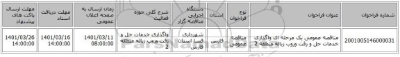 مناقصه، مناقصه عمومی یک مرحله ای واگذاری خدمات حل و رفت وروب زباله منطقه 2