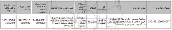 مناقصه، مناقصه عمومی یک مرحله ای عملیات خرید و حمل و تخلیه مخلوط کوهی نرم، سنگ بیست و بیس و ماسه 04