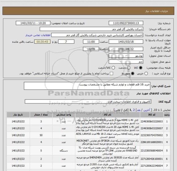 استعلام خرید 16 قلم قطعات و لوازم شبکه مطابق با مشخصات پیوست