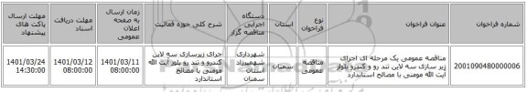 مناقصه، مناقصه عمومی یک مرحله ای اجرای زیر سازی سه لاین تند رو و کندرو بلوار آیت الله مومنی با مصالح استاندارد