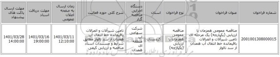 مناقصه، مناقصه عمومی همزمان با ارزیابی (یکپارچه) یک مرحله ای تامین شیرآلات و اتصالات باقیمانده خط انتقال آب همدان از سد تالوار