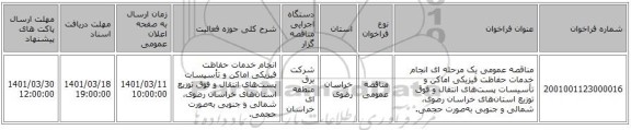 مناقصه، مناقصه عمومی یک مرحله ای انجام خدمات حفاظت فیزیکی اماکن و تأسیسات پست‌های انتقال و فوق توزیع استان‌های خراسان رضوی، شمالی و جنوبی به‌صورت حجمی.